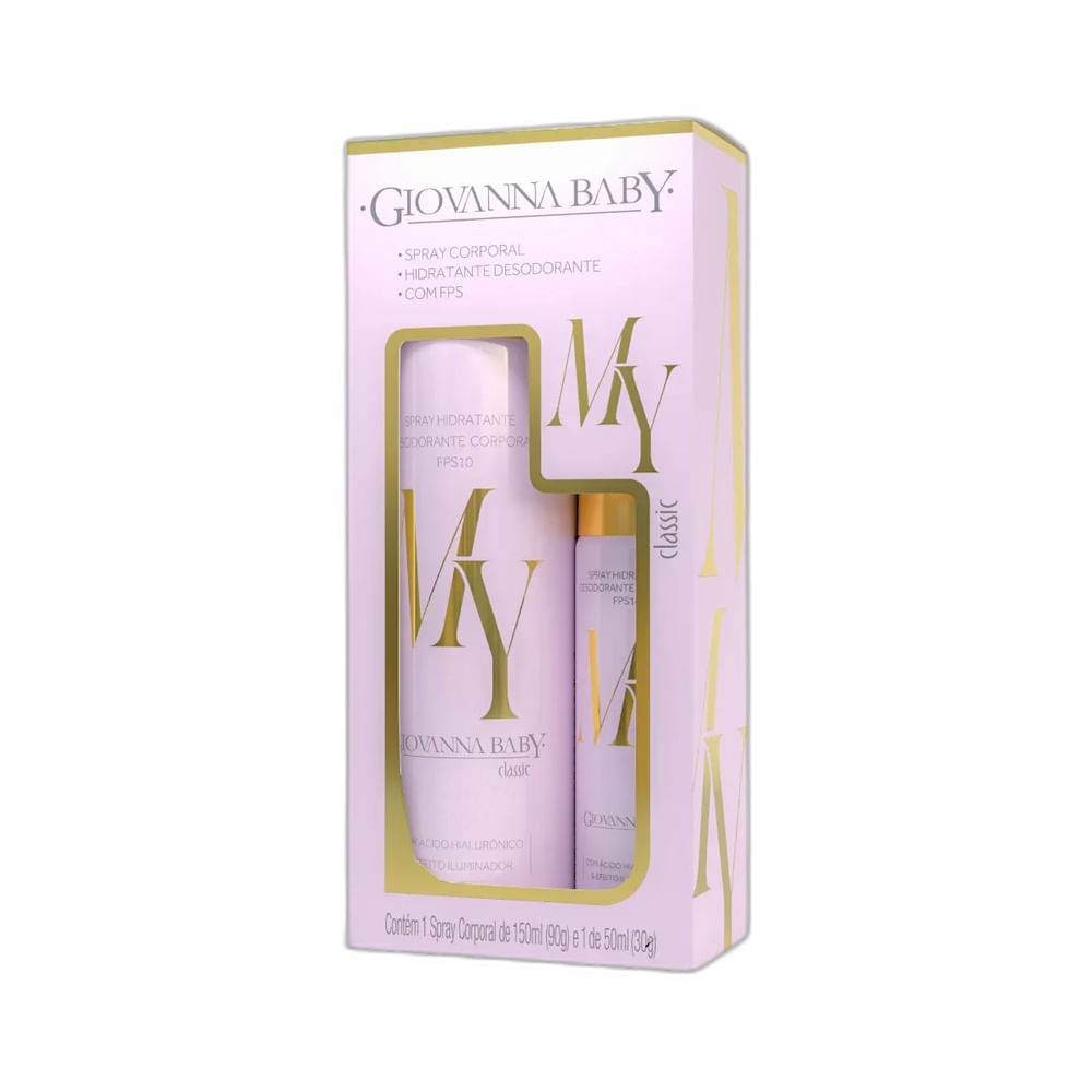 Kit Giovanna Baby Spray Corporal My Classic em embalagem rosa claro com detalhes dourados